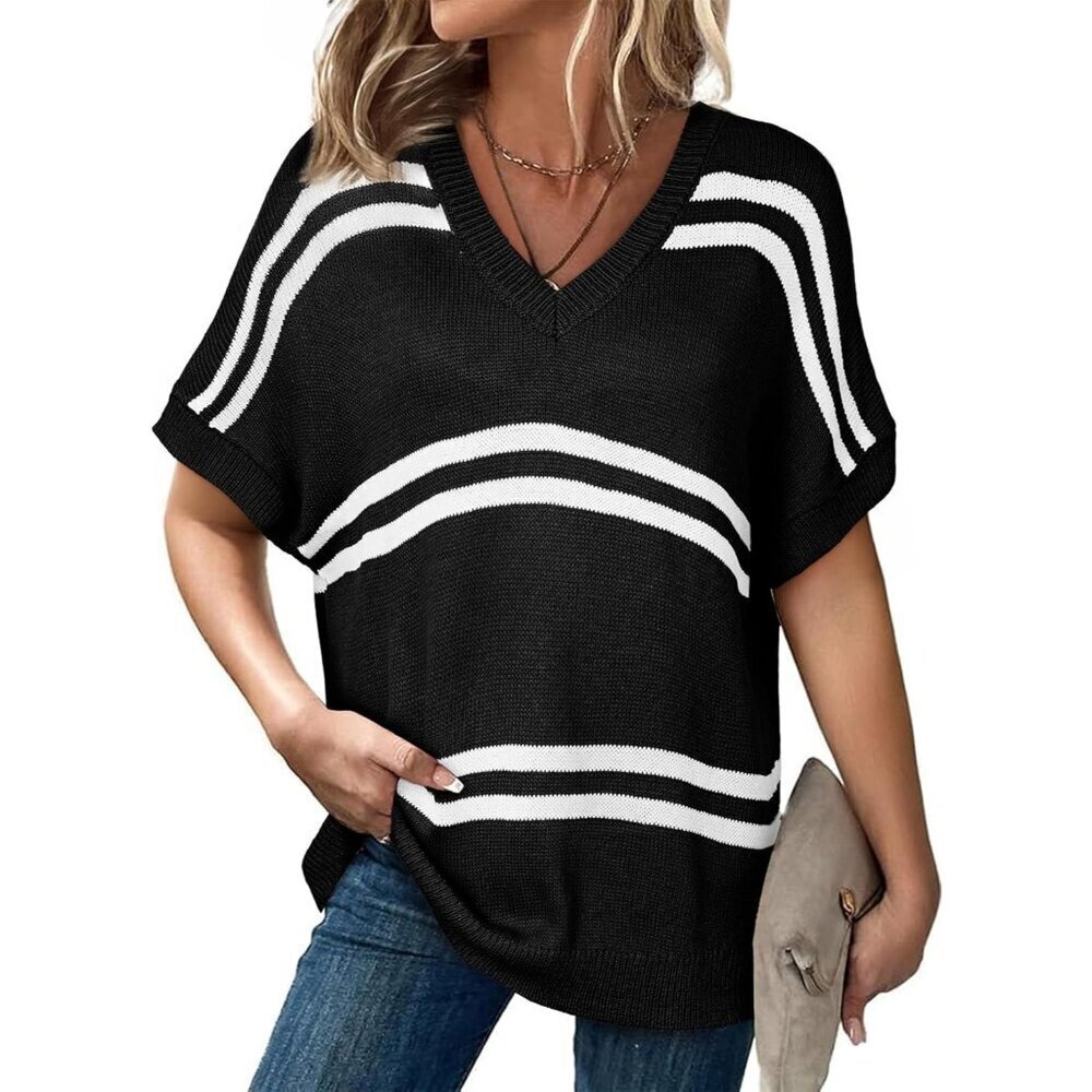 Women Oversized Sweater 100% Acrylic Casual V Neck Short Sleeve Tops